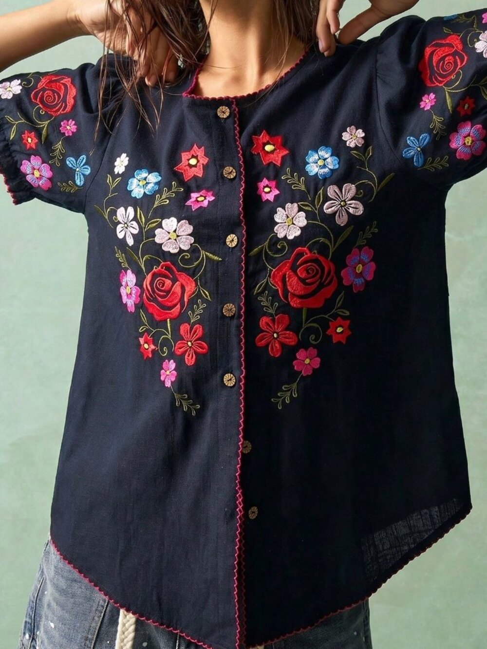 Black Boho Women's Casual Embroidered V-Neck Short Sleeve Woven Blouse - Picture 7 of 7